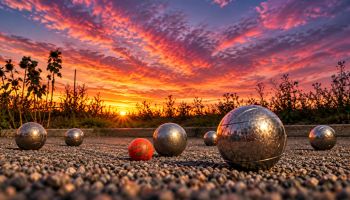 Boulekugeln mit Stampeders-Zielkugel bei Sonnenuntergang